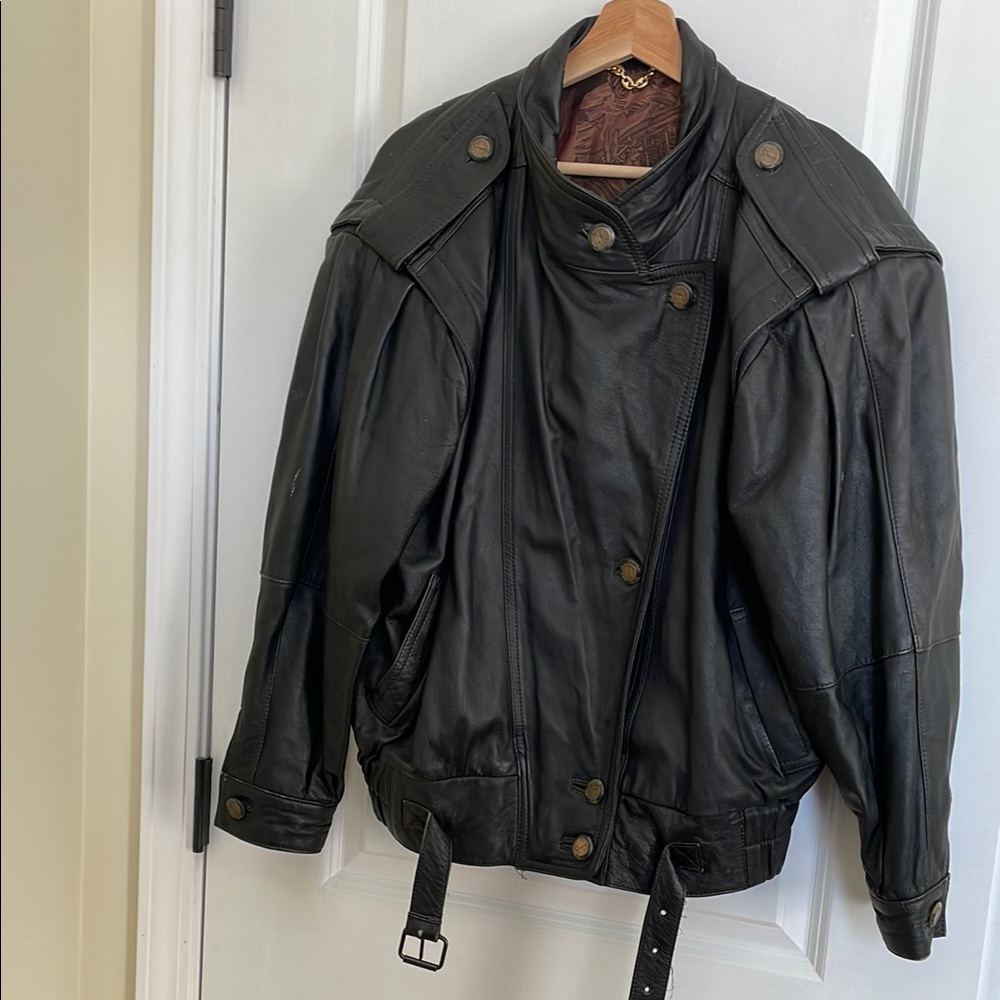 Black Leather German Jacket with Wide Collar and Padded Look.  By CreationS
